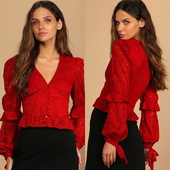 Lulus call me romantic red lace blouse - Picture 1 of 9